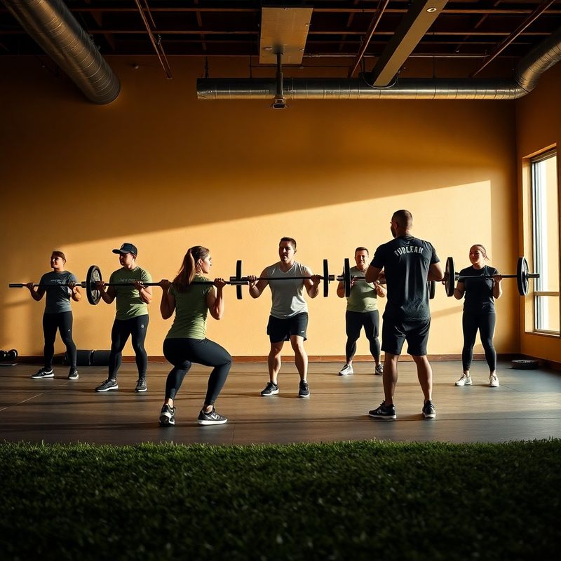 A coach cuing form on a barbell squat during a small group class