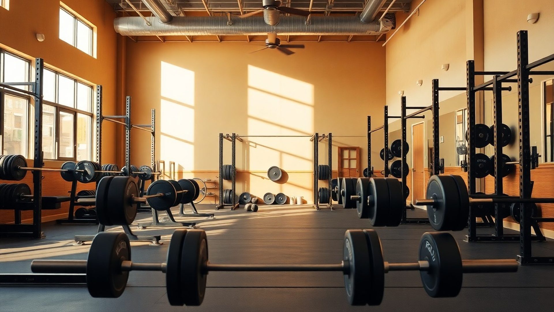 Morning light cutting across barbells and racks on the Hartwell House training floor